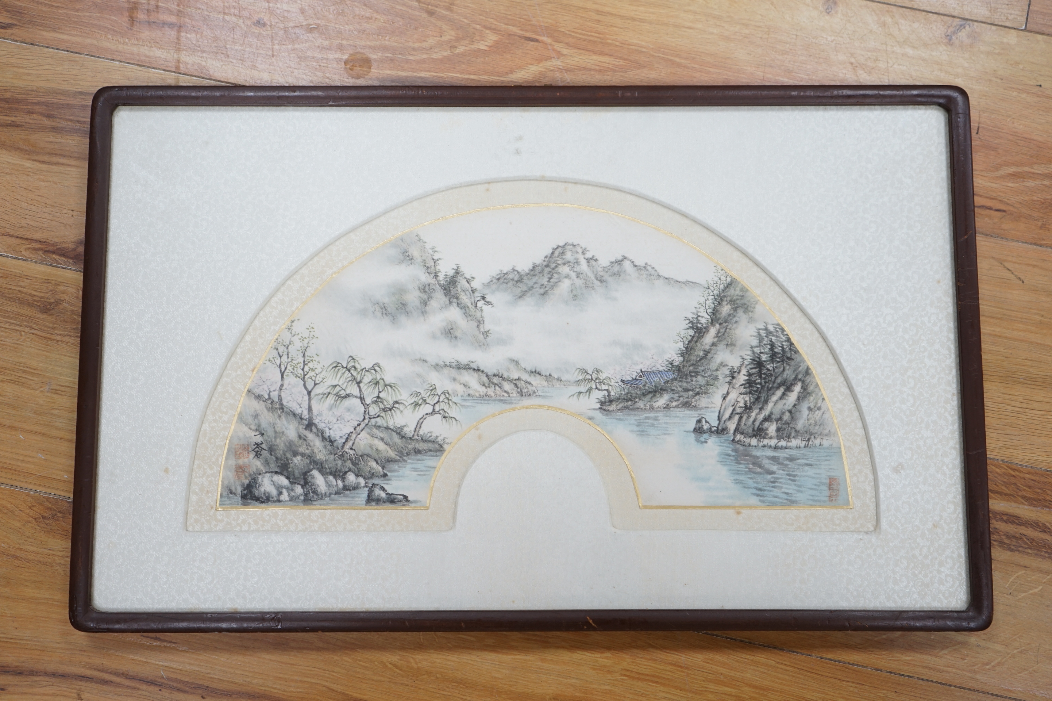 Chinese School, watercolour, fan leaf design, Mountainous river landscape, 23 x 43cm